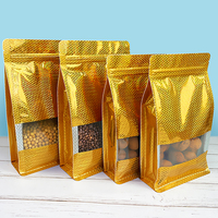 Sachets Doypack en plastique métallisé doré de haute qualité, à fond plat, avec fenêtre et fermeture éclair, pour emballage de snacks