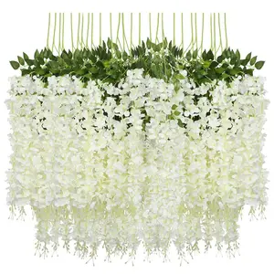 A974 Wholesale 12 Piece Plastic Fakes Wisteria Vine Ratta Hanging Garland Silk White Artificial Wisteria Flower For Wedding Deco