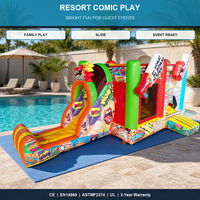 Structure gonflable avec toboggan, thème bande dessinée, écologique, garantie 3 ans, couleur et logo personnalisables, location pour fêtes d'enfants, usage commercial
