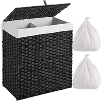 Panier à linge pliable pour chambre à coucher, double compartiment, avec couvercle, doublure en faux rotin tissé, amovible.