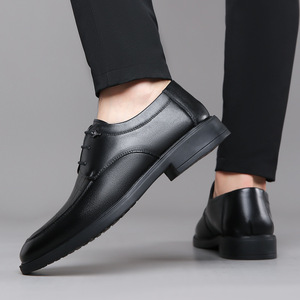 Chaussures Oxford en cuir véritable pour hommes, bout rond, à lacets, semelle souple, chaussures de mariage, automne, noir uni, tenue formelle d'affaires - Product Image 4