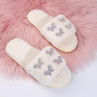Nouvelles pantoufles d'hiver 2026 KJ 2021 pour femmes, plates, en coton, avec strass papillon, grandes tailles, en peluche