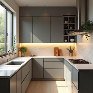 Matt Đen ván ép tùy chỉnh tủ bếp <span class=keywords><strong>melamine</strong></span> gỗ hiện đại Tủ thiết kế nhà bếp cho dự án căn hộ - Product Image 2