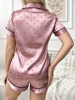 Pyjama en satin de luxe pour femmes, imprimé cœur, vêtements de nuit en soie, manches courtes, ensemble de vêtements de détente à boutons