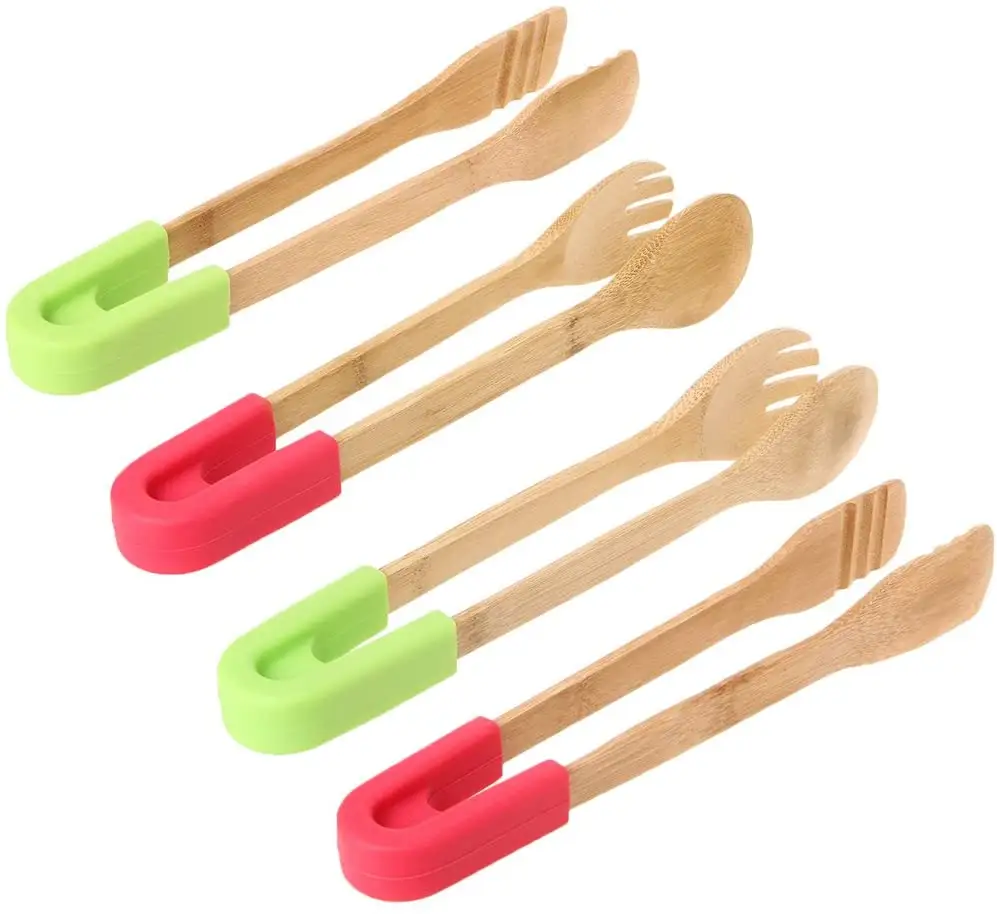 Kitchen serving utensils cooking frying food serving tongs barbecue clip clamps wooden food tongs with silicone handle