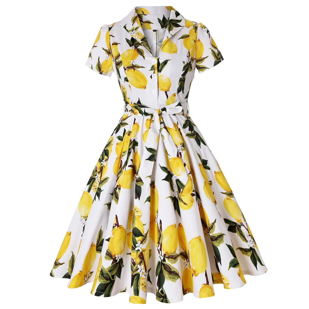 2022 Mùa Hè Hoa Chanh Dress 1950S 60 Rockabilly Vintage Dresses Đối Với Phụ Nữ Phụ Nữ Retro Vòng Tròn Đu Nhảy Múa Đu Váy