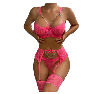 Nouvelle collection d'été transfrontalière : <span class=keywords><strong>Ensemble</strong></span> de lingerie sexy pour femme avec dentelle à motif quadrillé, chaîne suspendue et nœud, et jarretière - Product Image 5