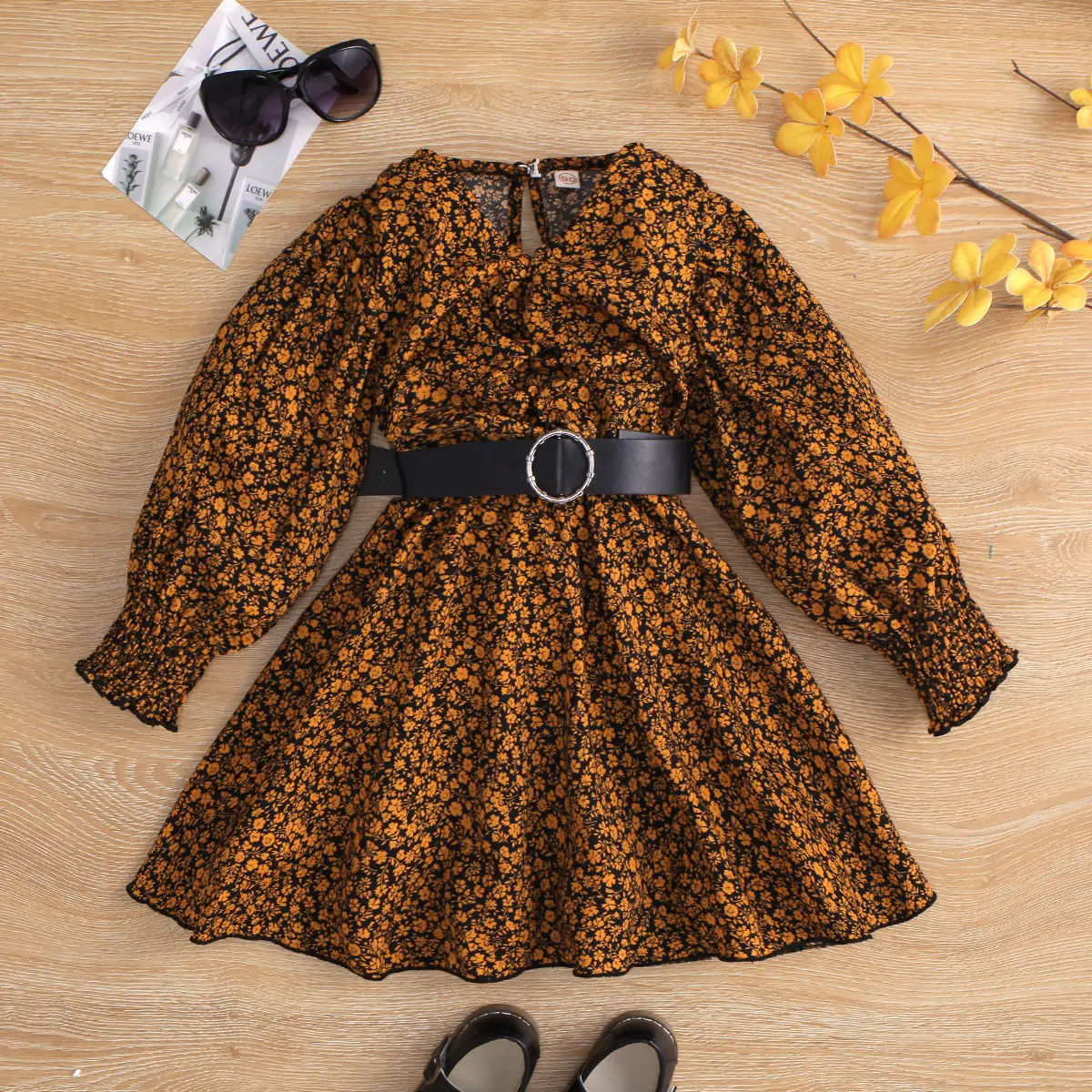 New fashion Girls autumn long sleeve ruffles casual floral dress with belt clothing for kids