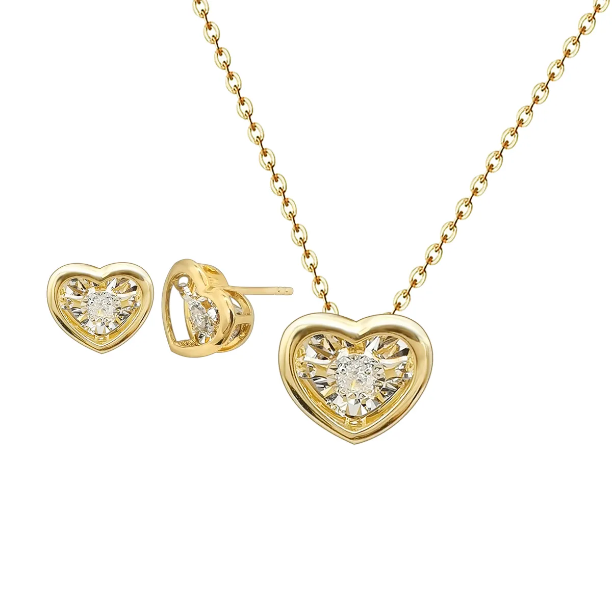 Set di gioielli con orecchini a catena con pendente a forma di cuore con diamante danzante in oro 18 carati in vendita calda