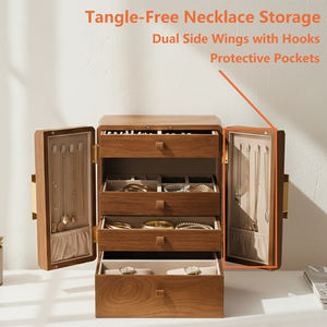 กล่องใส่เครื่องประดับเคลือบโลโกอองเน่แบบเป็นมิตรกับสิ่งแวดล้อม ทำจากไม้ ประตูคู่ ความจุขนาดใหญ่ สำหรับวางบนโต๊ะ - Product Image 3