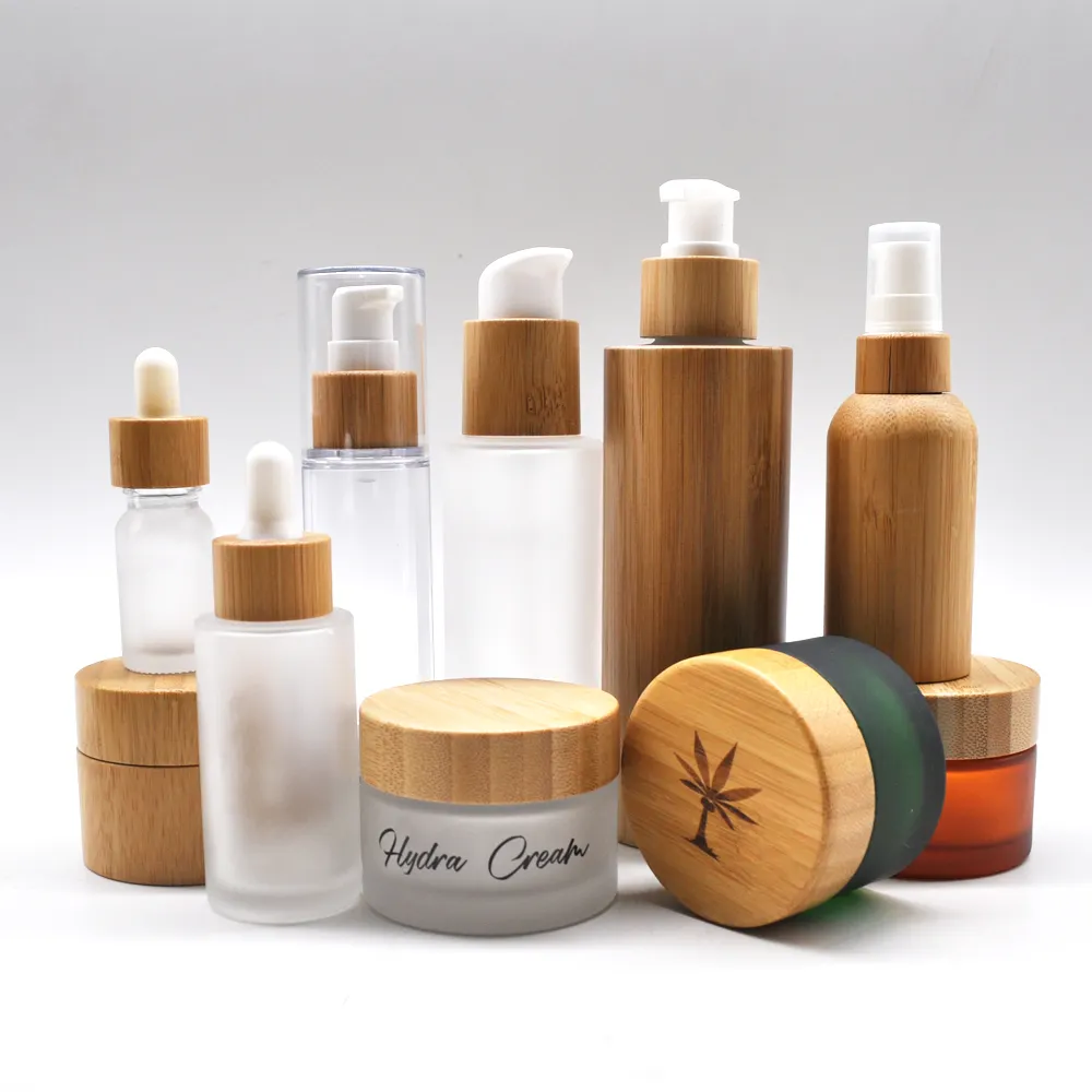 Cream Jar Lotion Spray Pump Bottle Cosmetic Frosted Glass with Eco Friendly Bamboo Skin Care Packaging Screen Printing Screw Cap