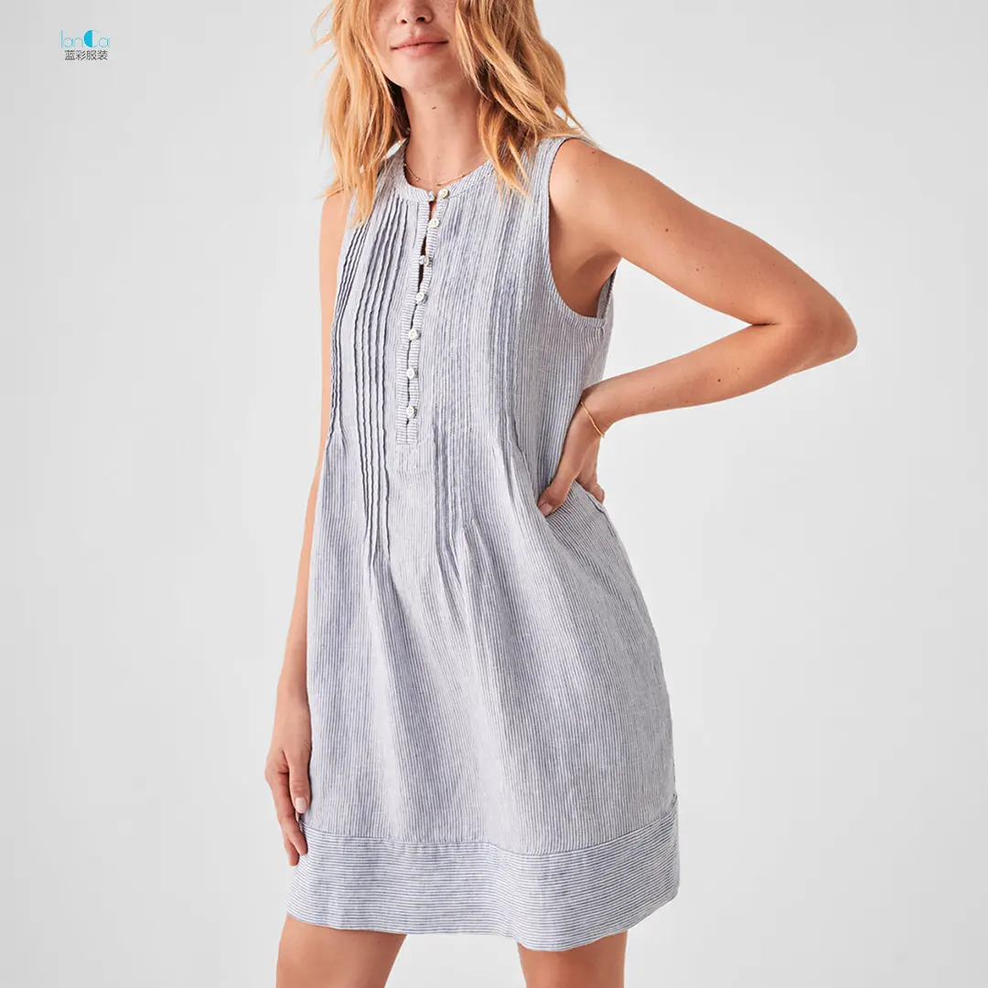 2023 Custom High Quality Women Summer Casual Vintage Stripe Sleeveless Button Pure Cotton 100% Linen Mini Dress