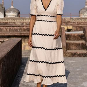 Vestido de Lino y Algodón Personalizable, Elegante, Cuello en V, Casual, Corte en A, Manga Corta, Midi, para Mujer, Verano - Product Image 1