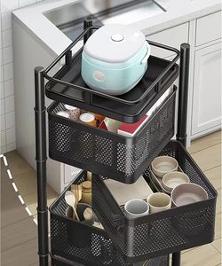5-Layer Practical Kitchen Storage <b>Trolley</b> Carbon Steel Square Shelf Rotating <b>Wheel</b> Holders Racks Standing Type Installation - Product Image 4