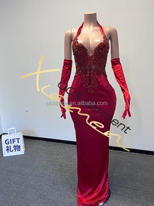 Strass abiti da compleanno donna con guanti lunghi aderenti scollo capestro senza schienale abiti da sera neri eleganti - Product Image 6