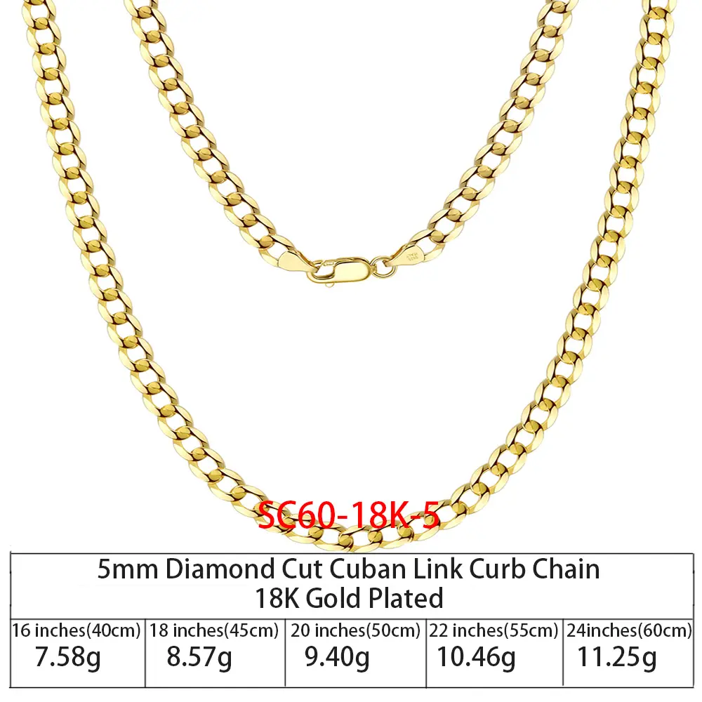 RINNTIN SC36 925 Sterling Silver Chains Hip Hop Jewelry 3.6/5/7mm Chunky Diamond-Cut Cuban Link Chain Necklace für Men Women