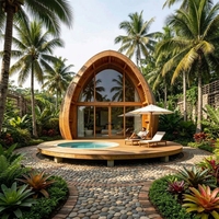 Villa tropicale avec toit en arche, façade entièrement vitrée, terrasse extérieure et piscine privée pour les complexes hôteliers