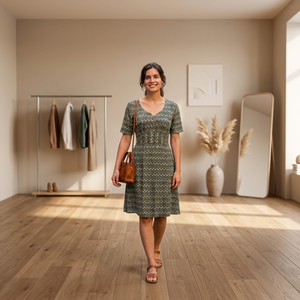 Vestido Estampado con Cuello en V, Corte en A, Largo hasta la Rodilla, Cintura Elástica, Manga Corta, Transpirable, de Algodón Tejido, Estilo Casual, Vintage, para Uso Diario, Verano - Product Image 3
