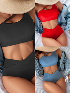 Women <b>Crossed</b> Halter Bikini Set High Waist Solid Color Swimwear Spandex Polyester Stretch Bandeau <b>Top</b> Twist Design - Product Image 1