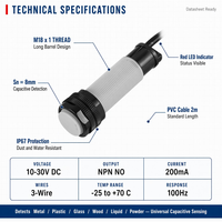 Capteur de proximité capacitif fileté 18 mm, 8 mm PNP NC DC 10-30V IP67, interrupteur de détection de niveau de liquide