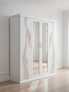 Armoire moderne en acier blanc à 4 portes avec portes miroir à impression abstraite ondulée dorée pour chambre à coucher - Product Image 6