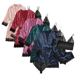 HO 3点セット サテンレースメッシュナイトウェア パジャマセット 女性用セクシーランジェリーセット - Product Image 1