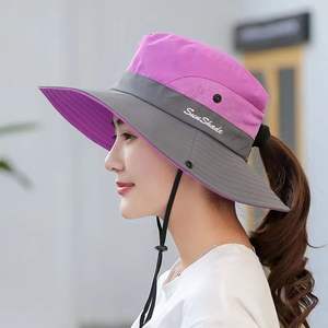 Chapeau de soleil d'été pour femme en maille à large bord, protection UV, chapeau bob d'extérieur avec trou pour queue de cheval - Product Image 2