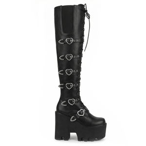 Bottines noires <span class=keywords><strong>gothiques</strong></span> WETKISS pour femmes, avec boucles en forme de cœur, à porter au-dessus du genou, talons épais, <span class=keywords><strong>bottes</strong></span> longues, chaussures cyber goth pour femmes - Product Image 1