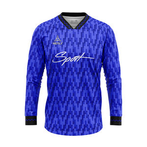 เสื้อฟุตบอลคอวีสีน้ำเงินสไตล์เรโทร 100% โพลีเอสเตอร์ รับสกรีนชื่อทีมและหมายเลข ระบายอากาศดี ดีไซน์วินเทจ สำหรับกีฬาผู้ชาย - Product Image 1