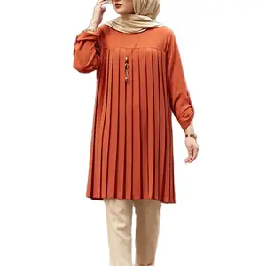 Summer Muslim Multicolor Pleated Loose Islamic Clothing Muslim Women Modest Blouses Chiffon Long Shirts