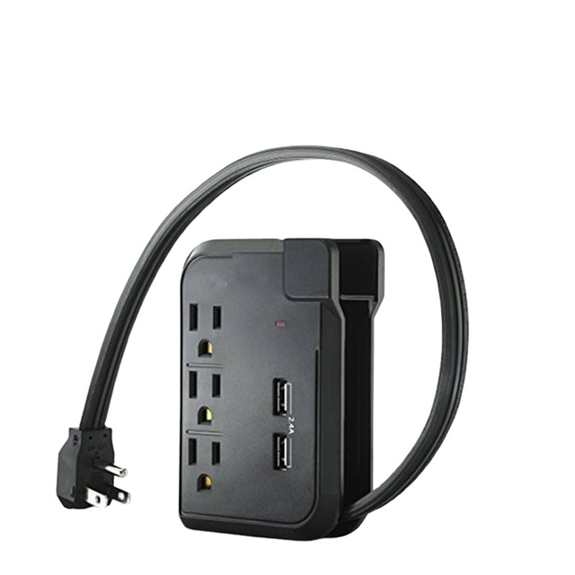 ABS Black 3 Outlet 125V 15A ETL Standard Grounding Wall Socket Surge Protector 2 USB Charging Ports Mini Travel Charger Extender