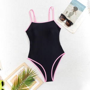 Maillot de bain une pièce pour femme, noir avec bordure rose, coupe ajustée, dos nu, style halter, avec culotte - Product Image 2