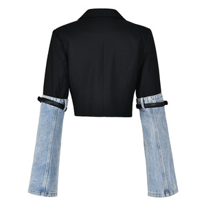 2024 Bettergirl personnalité contraste couleur épissage Denim <span class=keywords><strong>manteau</strong></span> femmes nouveau automne Design sens manchette <span class=keywords><strong>ceinture</strong></span> tout correspondant haut <span class=keywords><strong>court</strong></span> - Product Image 3