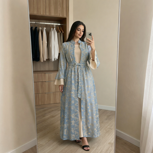 ชุดอาบายะปักลายเปิดด้านหน้าสำหรับผู้หญิง พร้อมเข็มขัด 2 ชิ้น ชุดราตรีแบบเรียบร้อยสำหรับงานอีด แบรนด์ส่วนตัว - Product Image 1