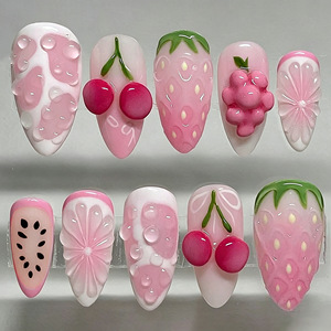 Uñas Postizas de Gel 3D Hechas a Mano con Diseño de Frutas Rosadas de Verano (Almendra, Fresa, Cereza, Uva, Sandía) para Niñas, Venta al Por Mayor - Product Image 1