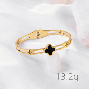 Brazalete de Acero Inoxidable con Baño de Oro Real y Flor de la Suerte Negra, con Circonita Cúbica y Trébol de Cuatro Hojas, ¡Gran Venta! - Product Image 3