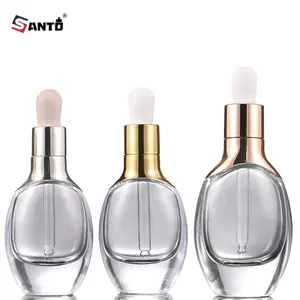 Classic design cosmetic square 15ml 30ml transparent essential oil glass bottle with gold silver aluminum dropper rubber lid