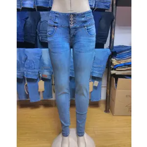جينز نسائي كولومبي عصري جديد بسعر الجملة ، جينز نسائي عالي الخصر رافع للمؤخرة