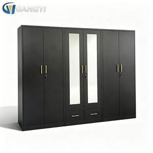 <strong>Black</strong> 6 Door Steel <strong>Wardrobe</strong> Knock Down Printed Lemari Pakaian with <strong>Mirror</strong> and Drawers Bedroom Furniture - Product Image 1