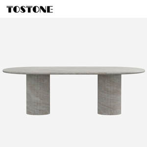 Tostone Mesa de comedor ovalada de cuarcita natural Taj Mahal sólida y gruesa con base de piedra resistente, resistente a los arañazos para la familia - Product Image 1
