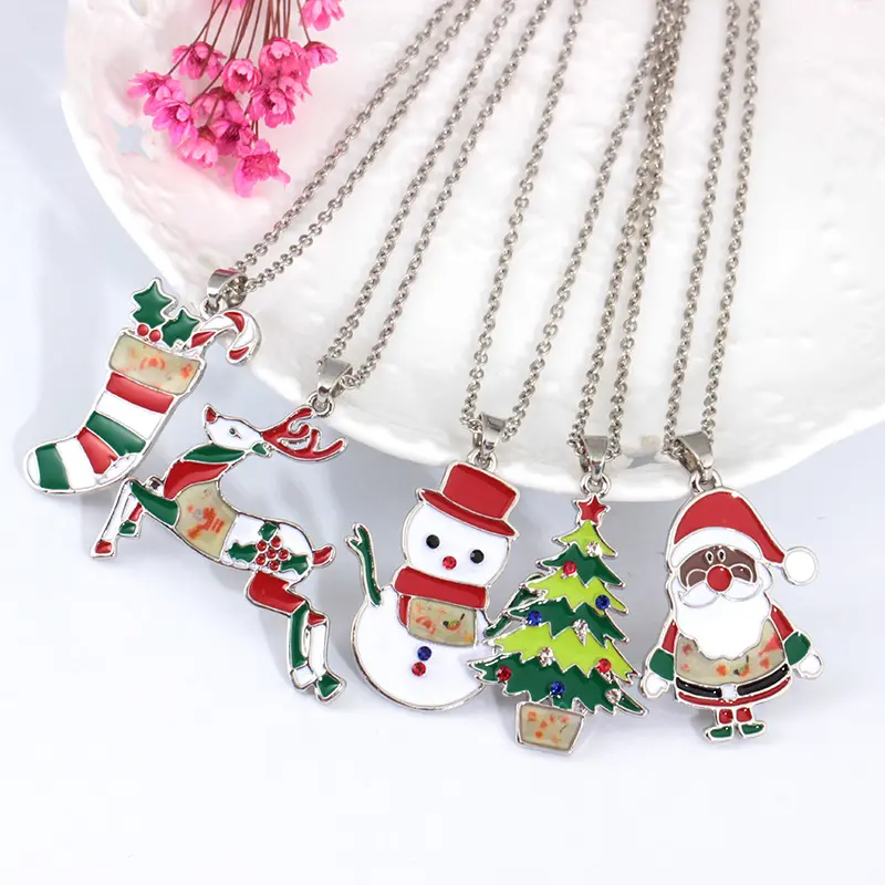 New Necklace Jewelry Enamel Oil Painted Deer Boots Snowman Santa Clause Merry Christmas Necklace