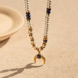 Nieuwe Aankomst 18K Verguld Roestvrij Staal Charme Lapis Lazuli Peal Kralen Parel Ketting Sieraden Maan Hanger Ketting