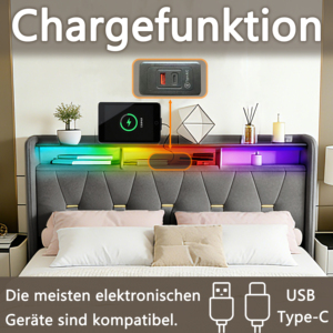 <span class=keywords><strong>Letto</strong></span> Imbottito Multifunzionale con Illuminazione LED e <span class=keywords><strong>Testiera</strong></span> con Vano Portaoggetti e Stazione di Ricarica USB, 4 Cassetti, Doghe in Legno, Grigio - Product Image 4