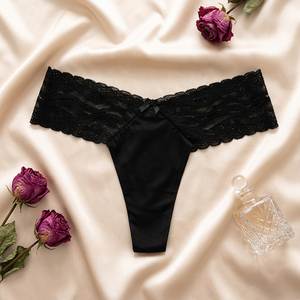 Black Lace Knitted <b>Thong</b> Underwear Women Ice Silk <b>Seamless</b> Low-Rise Sexy T-back Comfortable Plus Size Panties - Product Image 4
