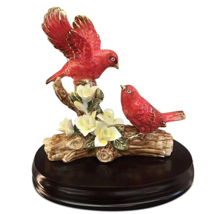 Porcelain Sculpture Arts Collectible Handmade Ceramic Red Bird Home Wedding Decoration with Wooden Base