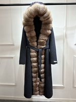 Janveny 2026 Nouvelle Veste d'Hiver à Capuche en Vraie Fourrure de Renard Naturelle et Mélange de Laine pour Femme, Ceinturée, Longue, Chaude, en Cachemire et Laine Fourrée