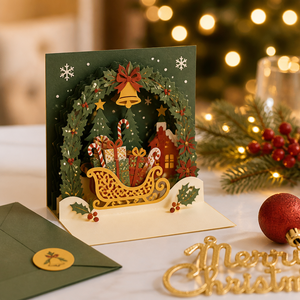 Tarjeta de Navidad 3D Pop-up con Trineo, Regalos, Campana, Bastón de Caramelo, Oliva y Sobre, Tarjeta de Felicitación Navideña con Corte Láser - Product Image 2