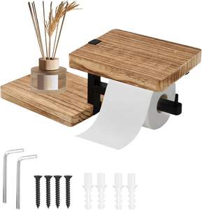 Porte-papier en bois avec étagère, porte-papier avec étagère pour salle de bain, étagère murale en bois pour le rangement du papier toilette, porte-papier toilette - Product Image 1