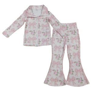 RTS เสื้อโค้ทกางเกงสำหรับเด็กมีซิปพิมพ์ลายโบว์ดอกไม้แบบลำลองชุด2ชิ้นสำหรับเล่นกีฬาโยคะเด็กผู้หญิง - Product Image 1