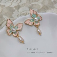 Anting Kupu-kupu Romantis Wanita Korea, Anting Mutiara Enamel, Perhiasan Telinga, Anting Temperamen Retro Gaya Kerajaan